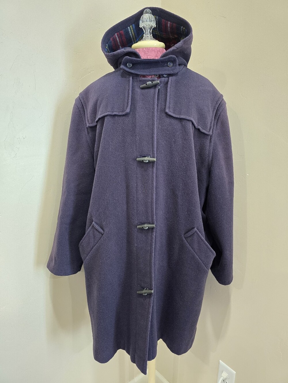 70s-80s LL Bean Vtg Wool Duffle Coat Jacket Plaid Lined Women's XL USA Navy Blue